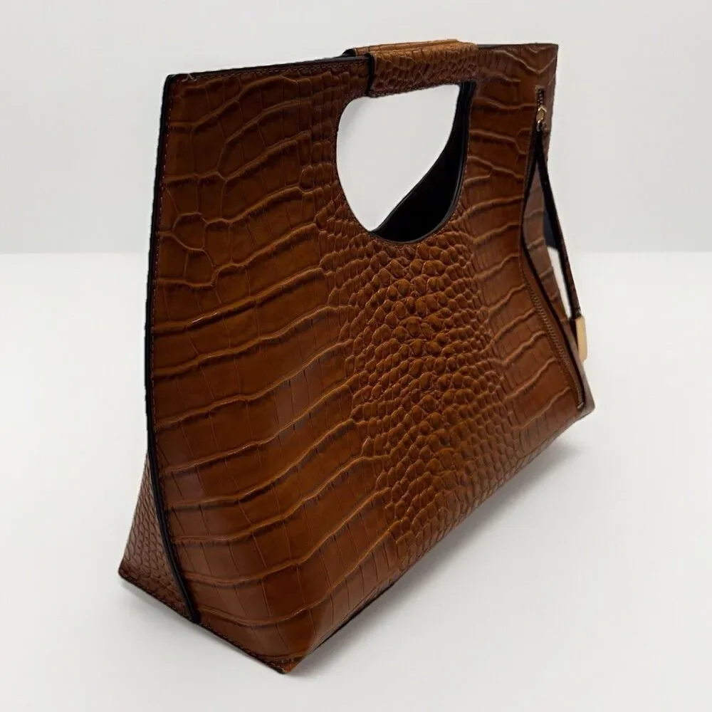 Croc Embossed Brown Faux Leather Clutch Purse Cutout Handle Shoulder Bag - Picture 3 of 16